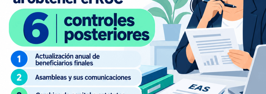 Flyer de ContaSosa con seis controles posteriores para una EAS: beneficiarios finales, asambleas, capital, representante, acciones y bienes registrables