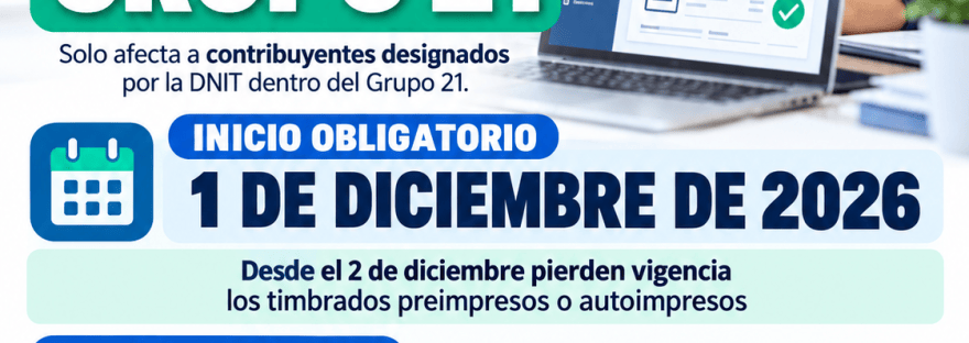 Flyer de ContaSosa sobre el inicio obligatorio de la facturación electrónica para contribuyentes del Grupo 21 el 1 de diciembre de 2026
