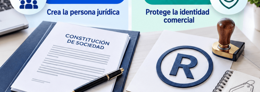 Guía empresarial de ContaSosa: constituir una empresa crea la persona jurídica, mientras registrar la marca protege la identidad comercial.